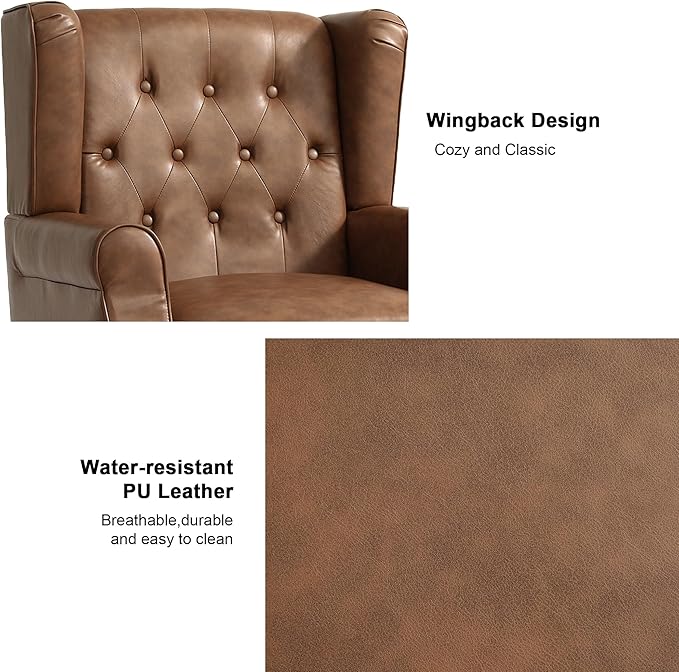 Accent Chair, Upholstered Armchair with Button Tufted High Back & Solid Wood Legs, Comfy Wingback Reading Single Sofa Chair for Small Spaces, Living Room, Bedroom (Leather Brown, Set of 1)-Ruum Studio Home