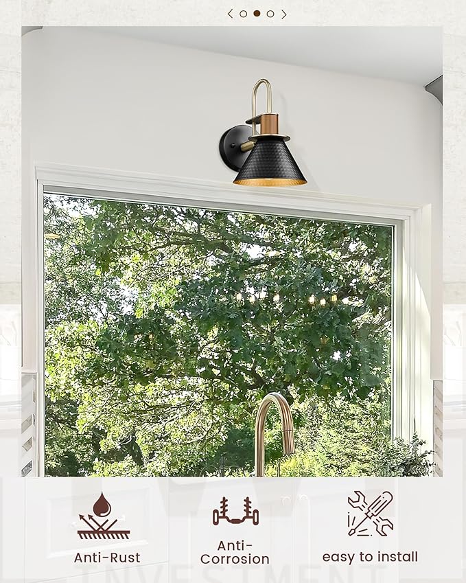 Black Wall Sconce, HWH Industrial Indoor Wall Light Fixture, Single Wall Vanity Light Gooseneck Barn Wall Lamp with Hammered Metal Shade, Black and Gold Finish, 5HZG74B BK+BG-Ruum Studio Home