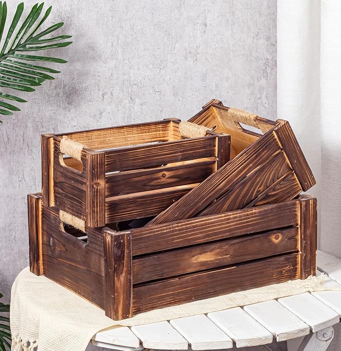 TIMRIS Set of 3 Rustic Wood Nesting Crates, Farmhouse Wooden Storage Container Boxes with Cutout Handles, Decorative Wooden Baskets for Display (Rustic Brown)-Ruum Studio Home