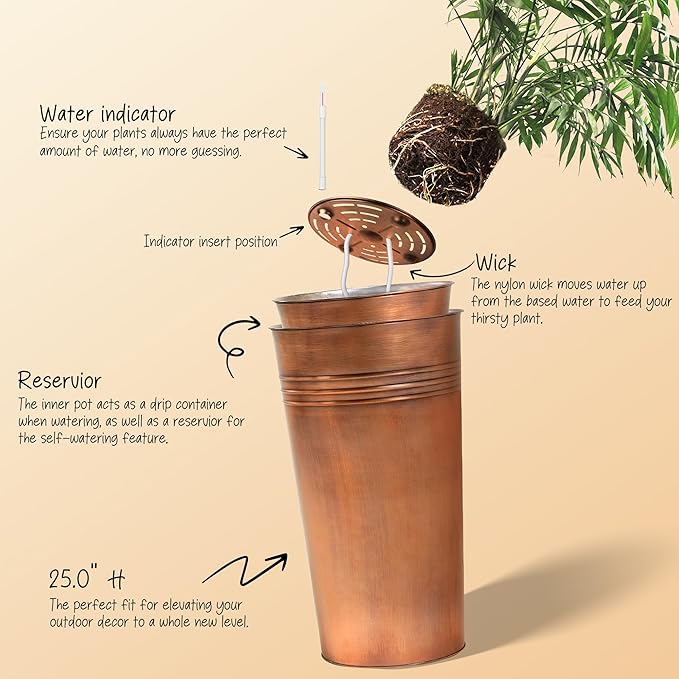 KOL 25'' Tall Galvanized Steel Planter Pot with Water Level Indicator - 2-Pack Self Watering Planters Flower Pot for Plants - Round Powder Metal Planter Box - Indoor Outdoor Grande Plant - Bronze-Ruum Studio Home