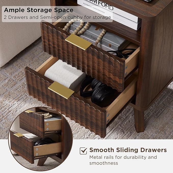 T4TREAM Fluted Nightstand Set of 2 with Charging Station, 18" Modern Side Table, 2 Drawers End Table with Storage, Bedside for Bedroom, Living Room, Curved Profile Design, Dark Walnut-Ruum Studio Home