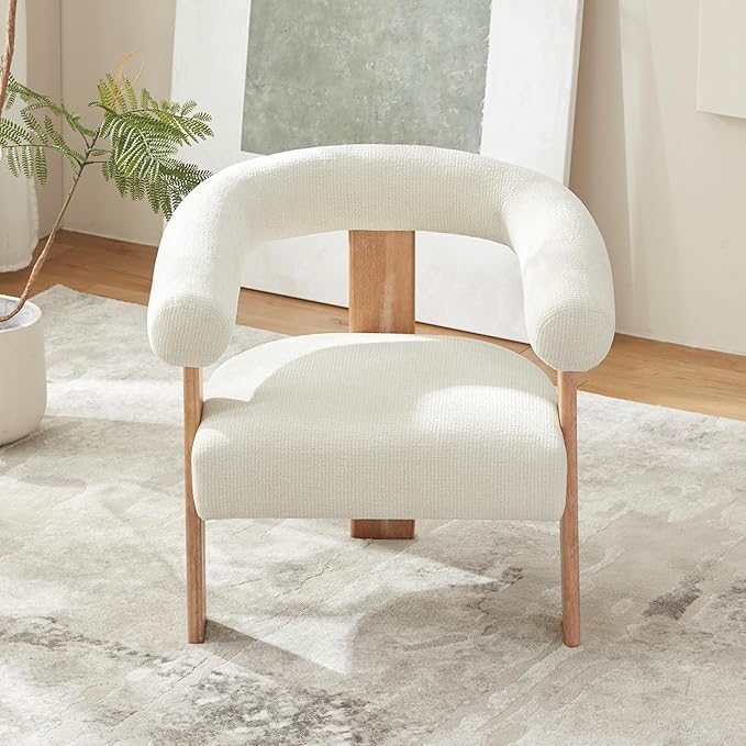VKNOW Accent Chair Living Room Chair, Modern Upholstered Armchair with Solid Wood Legs, Comfy Barrel Arm Chairs for Living Room Bedroom, Cream-Ruum Studio Home