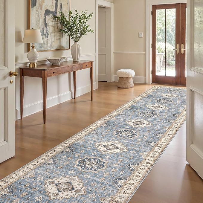 Washable 3x20 Runner Rug - Area Rugs Neutral Vintage Distressed Floral Farmhouse Boho Large Soft Floor Rug Indoor Carpet for Hallway Entryway Home - Blue-Ruum Studio Home