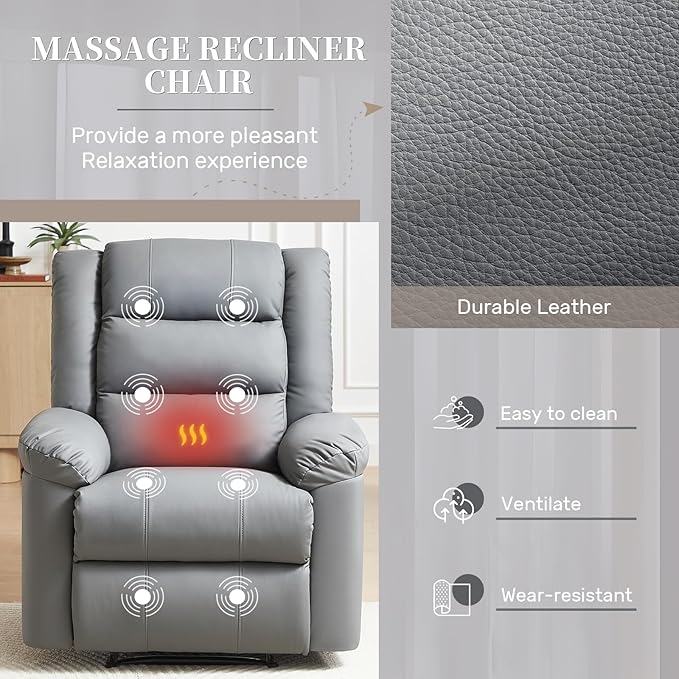 Recliner Chair with Massage & Heat, 8 Vibration Points, 5 Modes, 115-165° Reclining, Manual Recliner for Adults, Timer & Intensity Control, Faux Leather Massage Chair with Side Pocket for Living Room-Ruum Studio Home