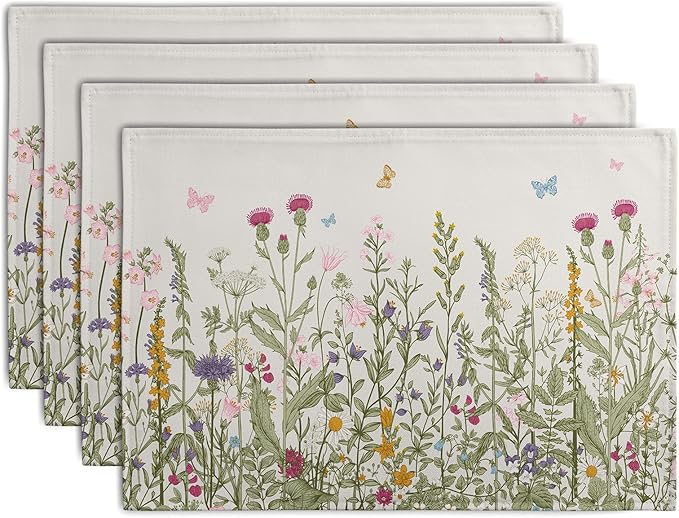 Rustic Wildflower Floral Placemats Set of 4 Spring Summer Vintage Flowers Plants Herbs Linen Table Mats 12x18 Inch Seasonal Flower Decorative Place mats for Farmhouse Kitchen Dining Decoration-Ruum Studio Home