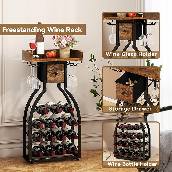 IBUYKE Wine Rack Freestanding Floor,Wine Storage 15 Bottles Bottle Rack with Glass Holders, Mini Bar Wine Cabinet with Storage Drawer for Home Bar Kitchen Dining Room,Rustic Brown,UTMJ908H-Ruum Studio Home