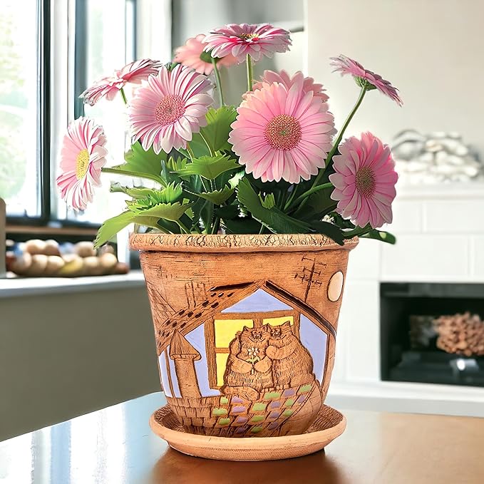 Ceramic Pot with Drainage Hole and Saucer, Plant Pots, Modern Decorative Planters for House Plants Indoor Flowers Plants, Cute Flower Pot - Gifts (Cats (3 L))-Ruum Studio Home
