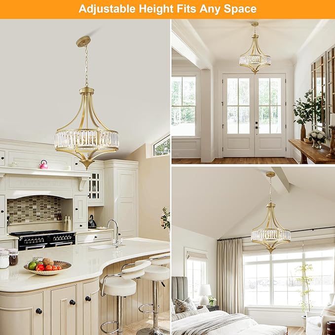 20" Modern Crystal Chandelier, 5-Light Gold Dinning Room Light Fixtures Over Table, Hanging Round Pendant Chandelier for Kitchen Island Entryway Bedroom Office Bathroom Stairwell-Ruum Studio Home