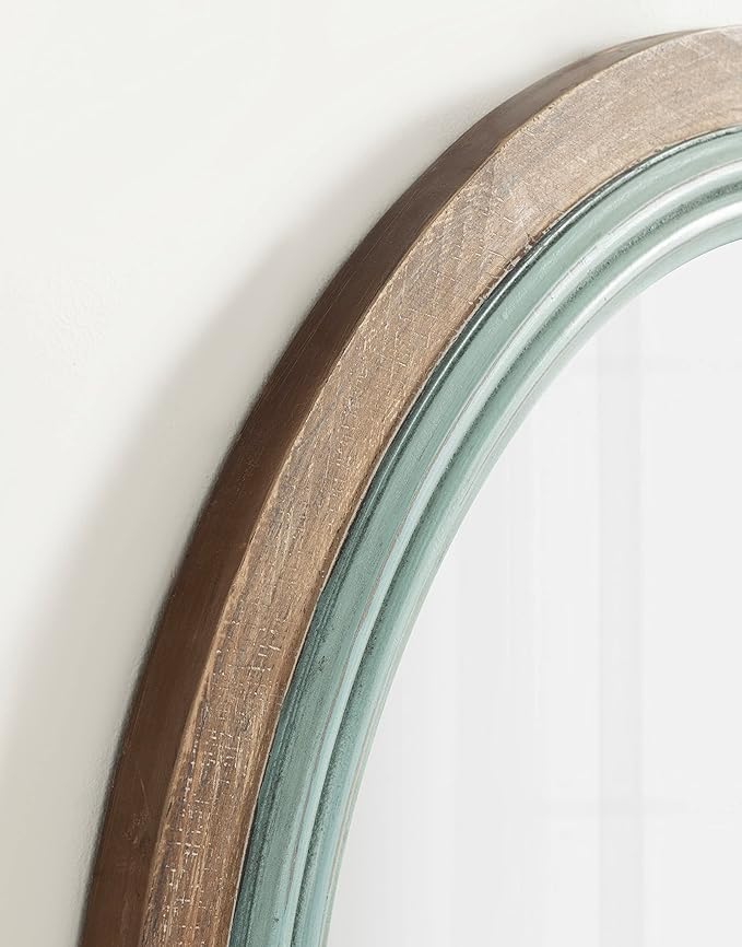 Kate and Laurel Palmer Rustic Farmhouse Round Wooden Mirror, 26 Inch Diameter, Blue and Rustic Brown, Modern Circle Decorative Wall Mirror with Paint Distressing-Ruum Studio Home