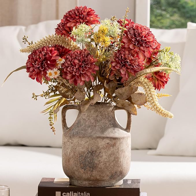 Mitt&Ditt Ceramic Flower Vase with Handles, 8 inch Tall Off-White Vase, Decorative Terracotta Vases, Farmhouse Rustic Pottery Vases for Home Decor, Living Room, Table-Ruum Studio Home