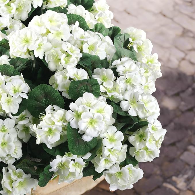Hananona 12 Pcs Artificial Geranium Flowers for Outdoors Geranium Silk White Flower Outdoor UV Resistant Garden Plants Faux Flowers for Home Kitchen WeddingTable Centerpieces Decor (12, White)-Ruum Studio Home