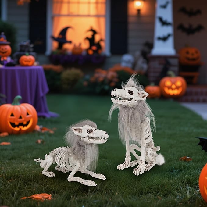 DR.DUDU 2 Pack Halloween Skeleton Wolf Decorations, Life Size Animals Skeletons Poseable Halloween Decor Plastic Bones with Hair Wolf Skull Figurines for Table Yard Lawn Party Props Décor