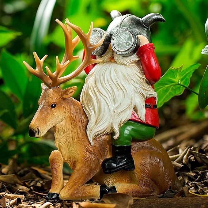 Garden Gnome Statues Resin Gnome Sitting On Deer Statues Solar Lights Outdoor Telescope Gnome Gifts for Yard, Patio Decor Gift (Deer Gnome)-Ruum Studio Home