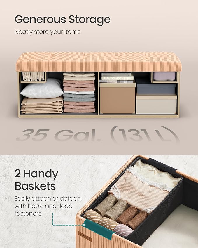 SONGMICS MAZIE Collection - Storage Ottoman Bench, Foldable Foot Rest, 15 x 43 x 15 Inches, End of Bed Bench, Storage Chest, Load 660 lb, Living Room, Bedroom, Entryway, Apricot ULSF604O01-Ruum Studio Home