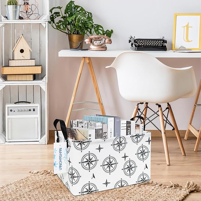 LANGYASHAN Rectangular Storage Bin Collapse Canvas Fabric Cartoon Storage Basket with Handles for Organizing Home Kitchen Boys and Girls Toys Office Closet Shelf Baskets (Rec Black Compass)-Ruum Studio Home