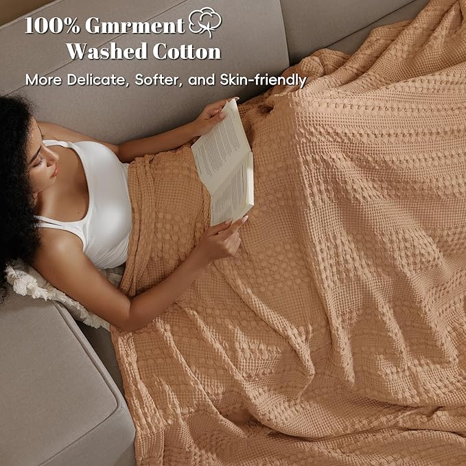 PHF 100% Cotton Waffle Weave Blanket Twin Size, Soft Lightweight Breathable Cozy Summer Blankets for Bed, Luxury Aesthetic Woven Bedding for Home Decor, 66"x90", Camel-Ruum Studio Home
