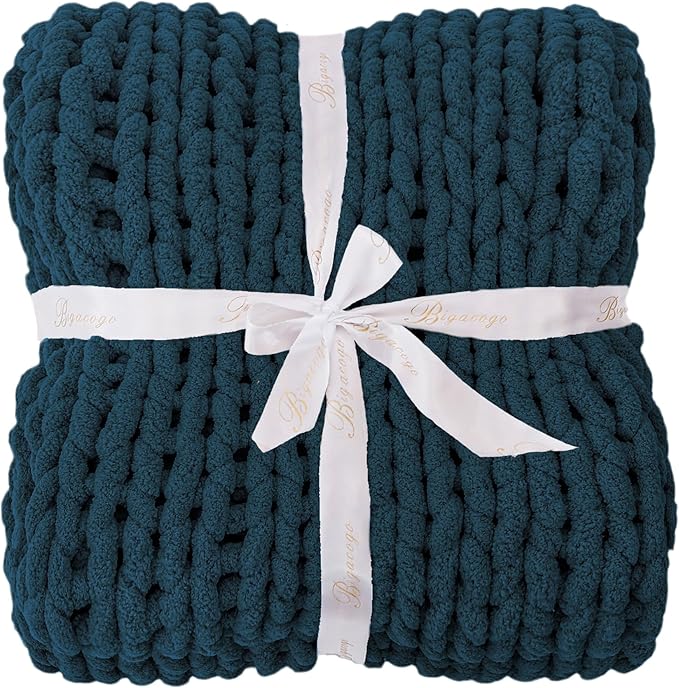 Bigacogo Chunky Knit Throw Blanket for Couch, 51x63 inches, 100% Hand Knitted with Thick Jumbo Chenille Yarn, Cozy Soft Large Rope Knot Cable Crochet Blankets for Sofa Bed Living Room, Deep Sea Blue-Ruum Studio Home