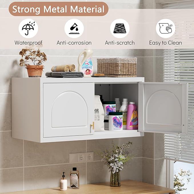 Wall Cabinet with Doors, Small Hanging Cabinet for Kitchen Pantry, Metal Overhead Cabinets for Dining, Living Room, Bathroom, 16" D x 32" W x 15" H, White, Assembly Required-Ruum Studio Home