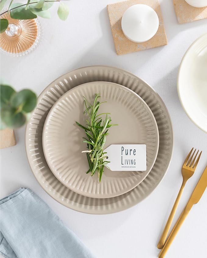 Stoneware Dinnerware Set for 4 People HYGGE 16-Piece - Elegant Scandi Design - Premium Dish Set - Bowl and Plate Set - Tableware for 4 People in a Ribbed Design - Pure Living in Light Brown-Ruum Studio Home