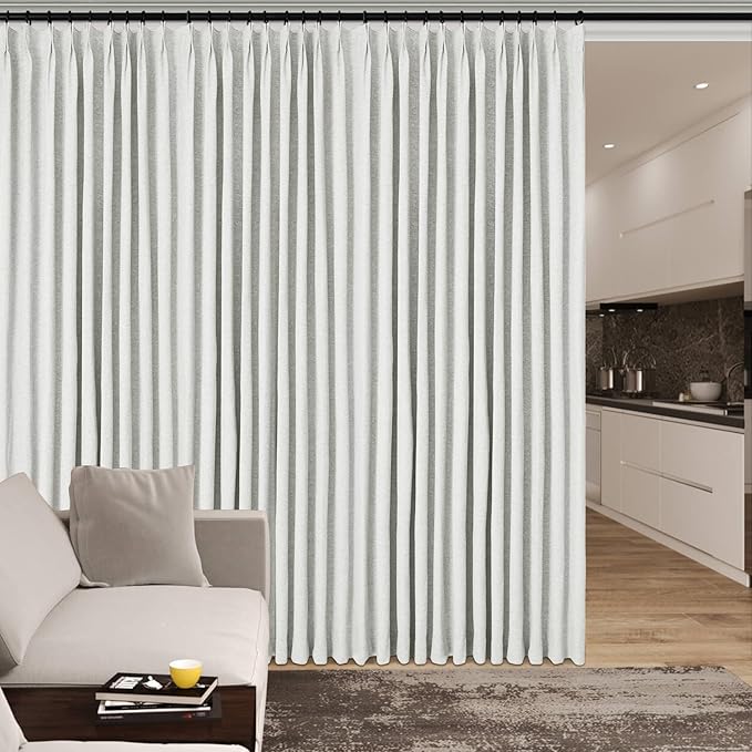 100% Blackout Linen Textured Drapes for Bedroom Pinch Pleated Curtains for Track System Portable Drapery for Sliding Glass Door/Storage/Space Room Divider, 70" Wx96 L, 1 PC, Greyish White-Ruum Studio Home