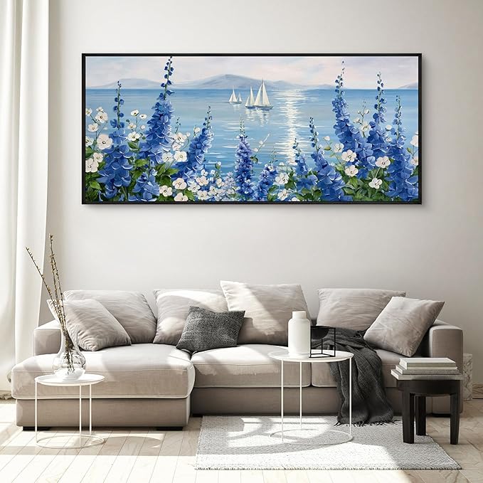 XLSJERST Large Sailboat Wall Art - Blue Canvas Abstract Painting Textured Picture Artwork Vintage Nautical Flower Painting Coastal Modern Print 70"x31" Frame for Living Room Bedroom Home Decoration-Ruum Studio Home