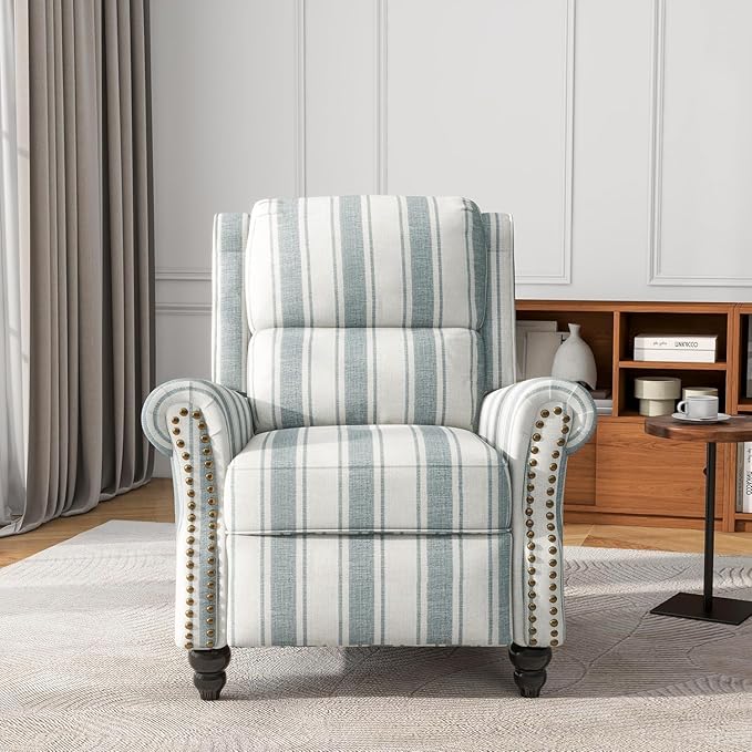 UIXE Pushback Recliner Chair, Fabric Armchair Push Back Accent Chair for Living Room, Rivet Trim Club Arm Chair Overstuffed Home Theater Single Sofa Bedroom Reading Seat with Footrest - Stripe Blue-Ruum Studio Home