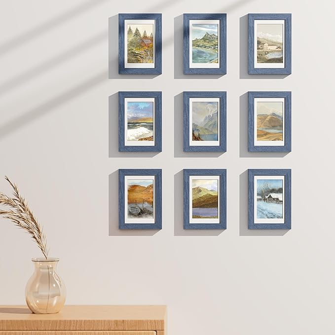 Vittanly 4x6 Picture Frames Set of 9, Shatter Resistant Plexiglass, Display 3.5x5 Pictures with Mat or 4x6 without Mat, Photo Frames for Wall or Tabletop, Engineered Wood, Navy-Ruum Studio Home