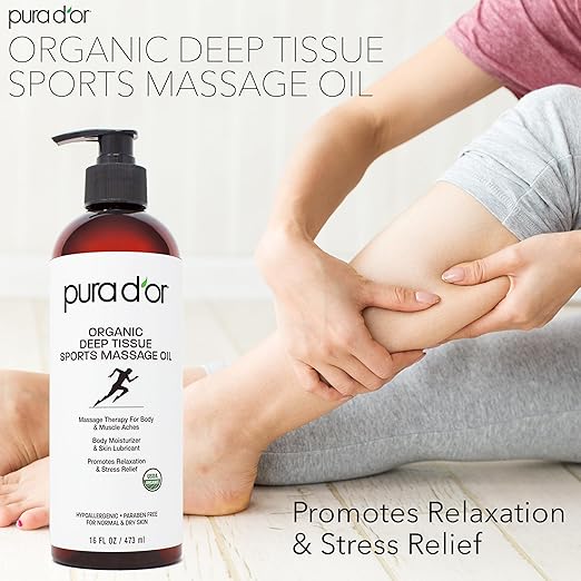 PURA D'OR 16 Oz Organic Deep Tissue Sports Massage - Jojoba, Sunflower, Almond, Grapefruit & Eucalyptus Oils - Alleviate Muscle Soreness-Ruum Studio Home