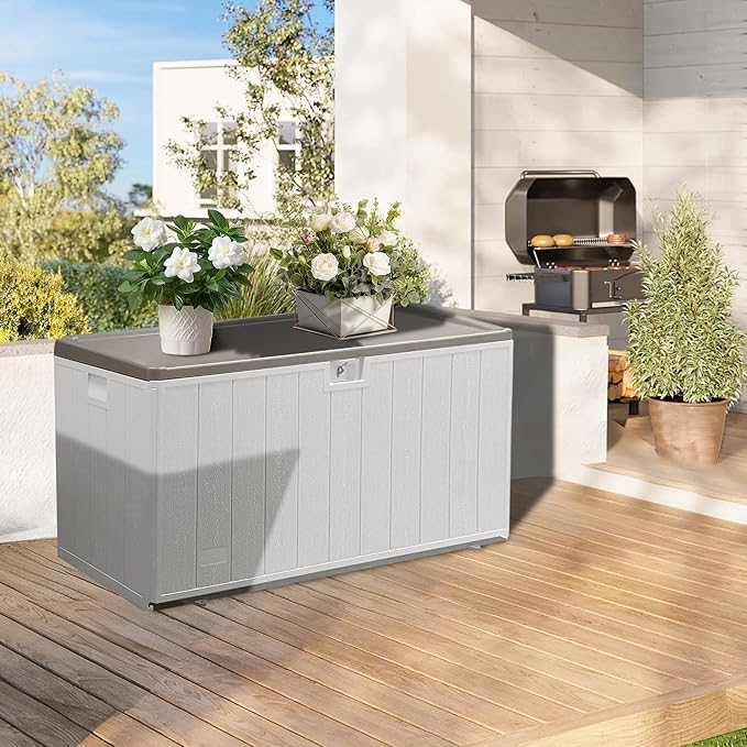 110 Gallon Pro Outdoor Storage Box Waterproof Lockable Deck Box Large, Patio Storage Bin for Pool Accessories Cushion Furniture, Garden Tools, UV-Resistant Outside Delivery, Grayish Brown-Ruum Studio Home