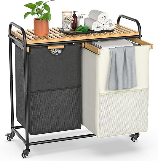 Laundry Hampers 2 Section, Laundry Sorter with Removable Shelf and Pull-Out Bags, Clothes Hampers with Wheels Rolling Cart Basket for Laundry Room Bathroom, 2 x 50 L (Black White)-Ruum Studio Home