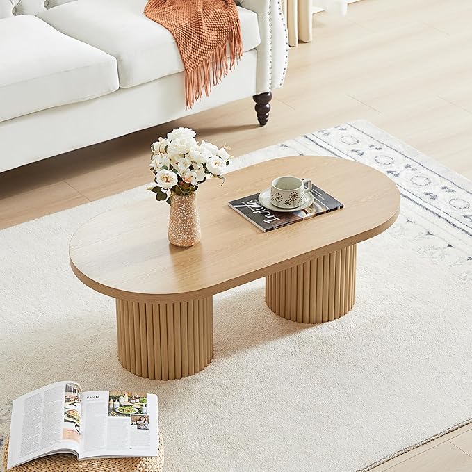 Oval Fluted Coffee Table, Farmhouse Wood Coffee Table Mid Century Modern Center Table Boho Living Room Tables for Living Room Office (Natural, 19.69" D x 39.38" W x 13.78" H)-Ruum Studio Home