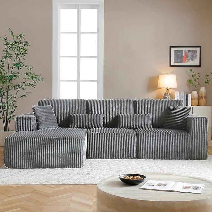HYJT-H&K Modular Sectional Sofa Cloud Sectional Couch, 107" Comfy Fluffy L Shaped Dark Grey Couches for Living Room, Deep Seat Memory Foam Plush Corduroy Boneless Couch Sectionals Left Facing Chaise-Ruum Studio Home