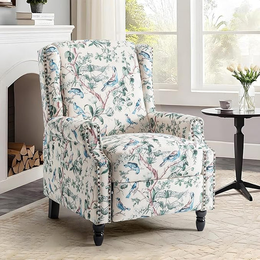 UIXE Floral Pushback Recliner Chair, Fabric Upholstered Armchair Push Back Accent Chair for Living Room, Rivet Trim Club Chair Home Theater Single Sofa Reading Seat - Bird-Ruum Studio Home