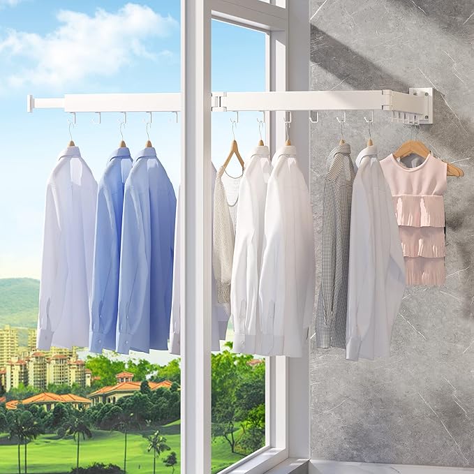 Clothes Drying Rack,Laundry Space Saver Wall Mounted,Retractable,Collapsible(Tri-Fold), White Color Rack Clothing-Ruum Studio Home