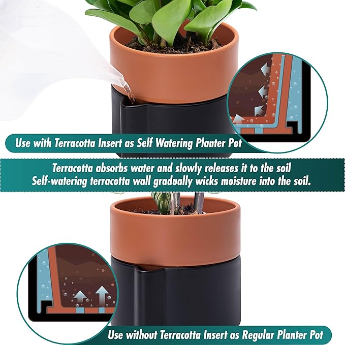 8 Inch Self-Watering Planter Pot with Terracotta Insert, Deep Water Reservoir, and Ceramic-Alike BPA-Free Plastic Planter Pot for Plant, Modern Planter for Houseplants, Black/Terracotta, 53-B-T-5-Ruum Studio Home