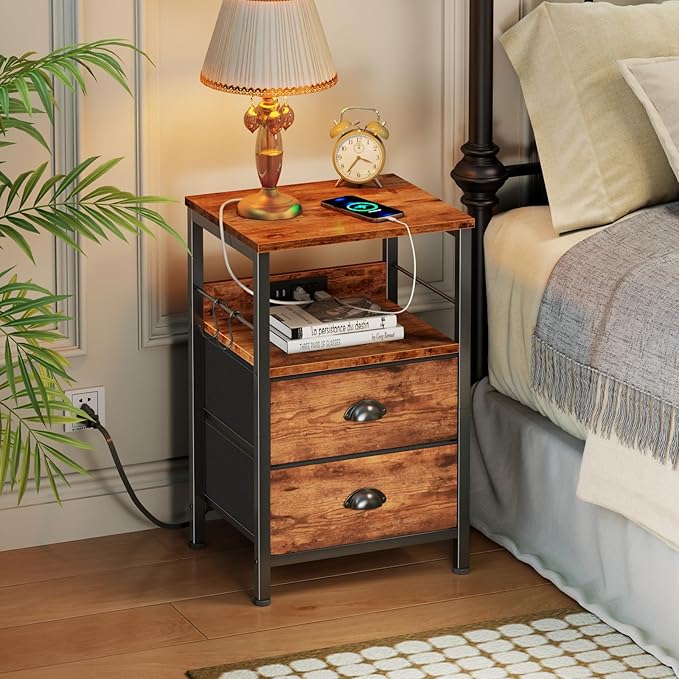 Furologee End Table with Charging Station, Nightstand with Fabric Drawers, Side Table with USB Ports & Outlets, Night Stand with Storage Shelf & Hooks, for Living Room/Bedroom, Rustic Brown-Ruum Studio Home