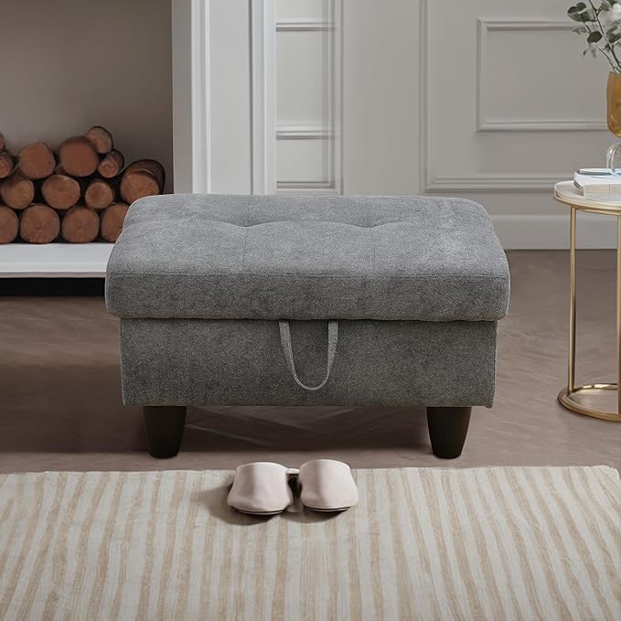Ottoman Rectangular Storage Ottoman Bench, Flannel Footrest Stool Footstool with Lid for Living Room, Bedroom, Entryway, Dark Gray, 28.5"x19"x17.5"-Ruum Studio Home