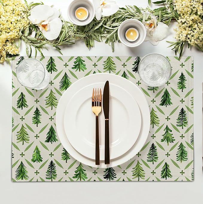 Sage Green Pine Tree Christmas Placemats Set of 4 Xmas Farmhouse Rustic Style Print Place Mat Seasonal Winter Holiday Linen Table Mats for Indoor Outdoor Kitchen Dining Party Decor-Ruum Studio Home