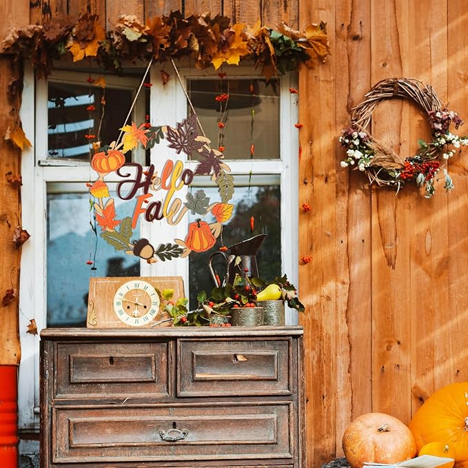 Fall Decoration Hello Fall Wreaths for Front Door, Wooden Welcome Maple Leaf Pumpkin Door Sign Ornament, Wood Farmhouse Wooden Hanging for Autumn Harvest Home Halloween Decoration-Ruum Studio Home