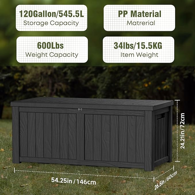 120 Gallon Outdoor Deck Box,Storage Lockable Waterproof Patio Furniture,Garden Tools,Cushions,Pool Accessories Outside Storage Resin Box(Black)-Ruum Studio Home