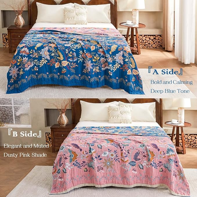 Fall Throw Blanket for Couch, Blue Boho Decorative Throw Blanket, 100% Cotton Muslin Breathable Woven Farmhouse Blankets Quilt, 80"x90" Reversible Lightweight Blankets Bohemian Throw Quilt-Ruum Studio Home