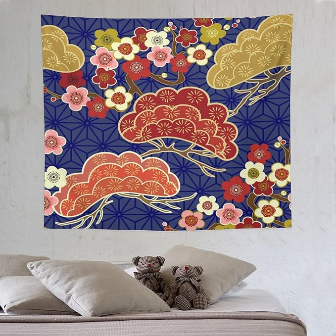 HZOHNAGO Japanese Tapestry Art Abstract Colorful Cherry Blossom Blue Background Pattern Printed Wall Tapestry Painting Wall Hanging for Bedroom Living Room Dorm 60" W x 50" H-Ruum Studio Home