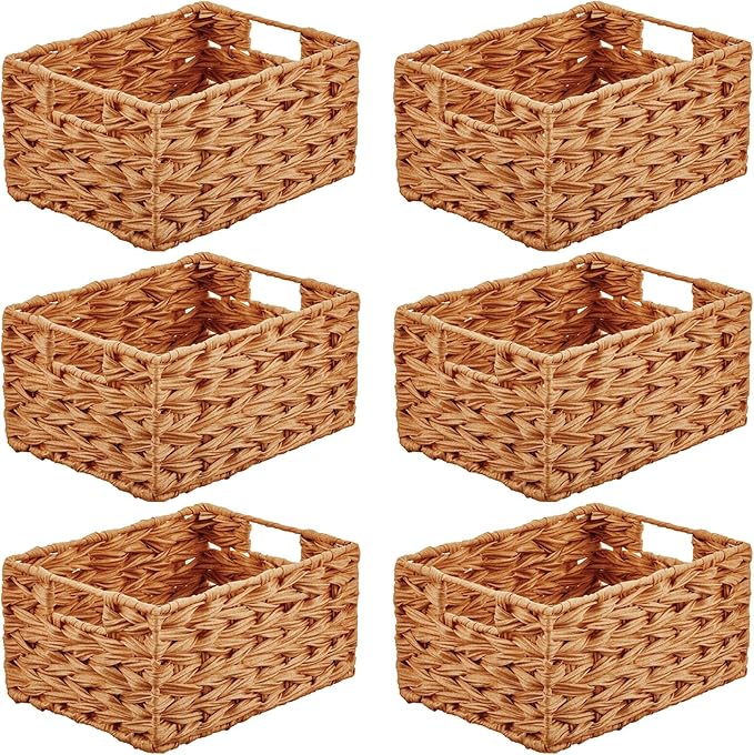 mDesign Woven Farmhouse Kitchen Pantry Food Storage Organizer Basket Bin Box - Container Organization for Cabinets, Cupboards, Shelves, Countertops - Store Potatoes, Onions, Fruit, 6 Pack, Camel Brown-Ruum Studio Home