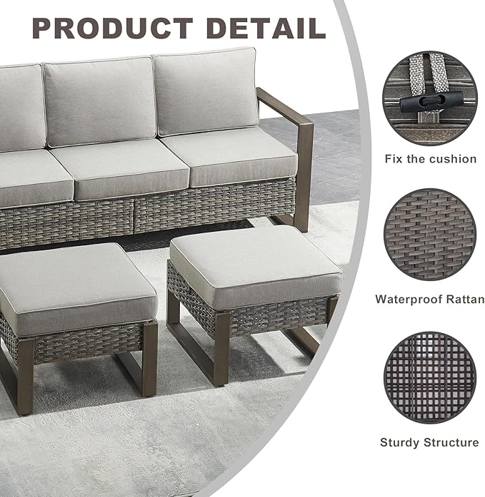 Outdoor Ottoman Wicker Patio Footrest - 2 Piece Wicker Footrest Footstools Set with Sturdy Frame,All-Weather PE Wicker, Thick Cushions for Deck Porch Garden(Mixed Grey/Grey)-Ruum Studio Home
