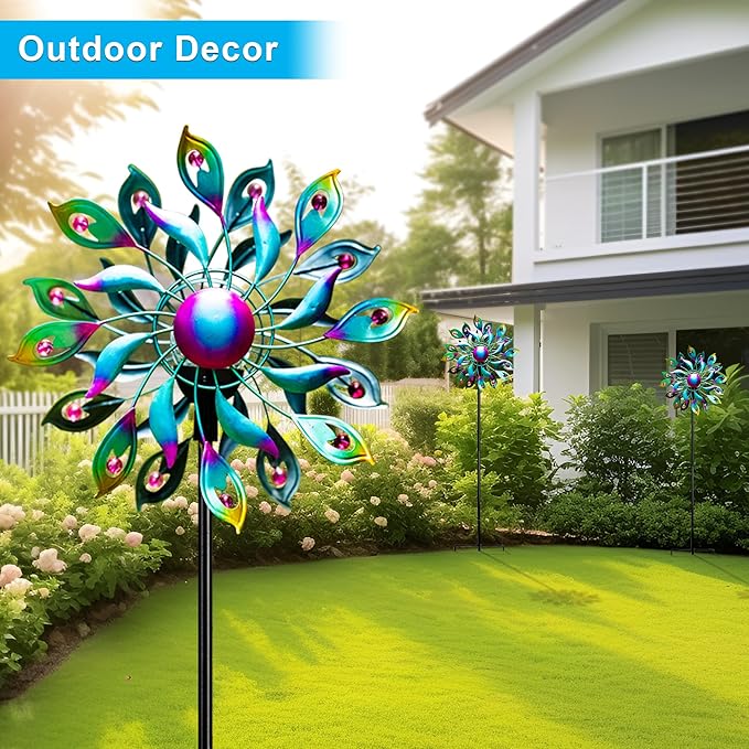51.9" Peacock Solar Wind Spinner Outdoor Decor – Waterproof LED Lighted Garden Art with Adjustable Metal Pole, IP65 Weather Resistant for Yard, Patio-Ruum Studio Home