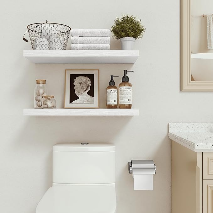 Floating Shelves for Wall 24 inchs Long, 9.1” deep x 1.5” Wall Shelf for Bedroom, Bathroom, Living Room, Kitchen, Office Home Decor, Deep Wood Shelves with Invisible Brackets, Set of 2 White-Ruum Studio Home