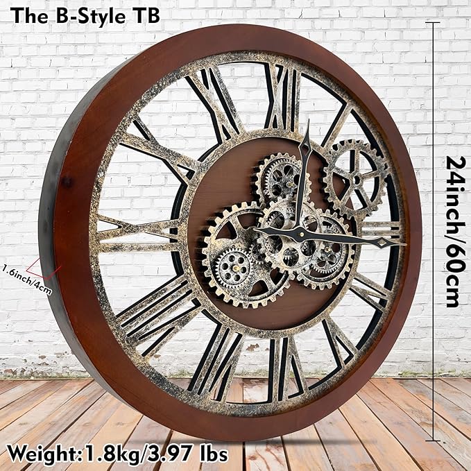 The B-Style Large Wall Clock 24 inch Moving Gear Wall Clock Oversized Vintage Farmhouse Wall Clocks for Living Room Decor Rustic Industrial Wood Clock (Black walunt Wood and Bronze)-Ruum Studio Home