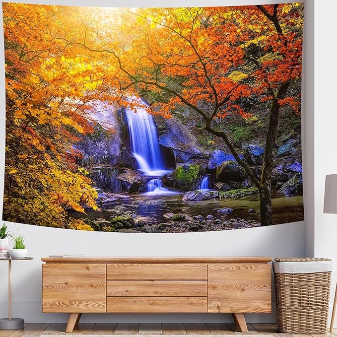 Delur Waterfall Tapestry Forest Nature Scenic Tree Mountain Sunset Tapestry Wall Hanging Natural Landscape Sunrise Headboard for Bedroom Living Room Home Decor (51.2" x 59.1")-Ruum Studio Home