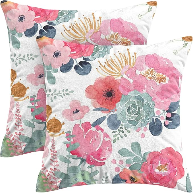 CXMEIFLY Spring Floral Pillow Covers 18 x 18 Inch Set of 2 for Watercolor Pink Flowers Decor Throw Pillows Green Leaves Plant Outdoor Decorative Cushion Cases with Zipper for Couch Bed Decorations-Ruum Studio Home