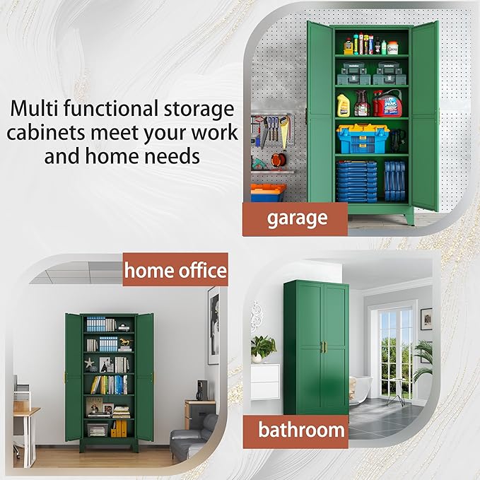 Kitchen Pantry Storage Cabinet with Doors and Adjustable Shelves, Metal ClosetMaid Food Pantry Cabinets, 75" Tall Freestanding Cupboard for Kitchen, Laundry or Utility Room, Green-Ruum Studio Home